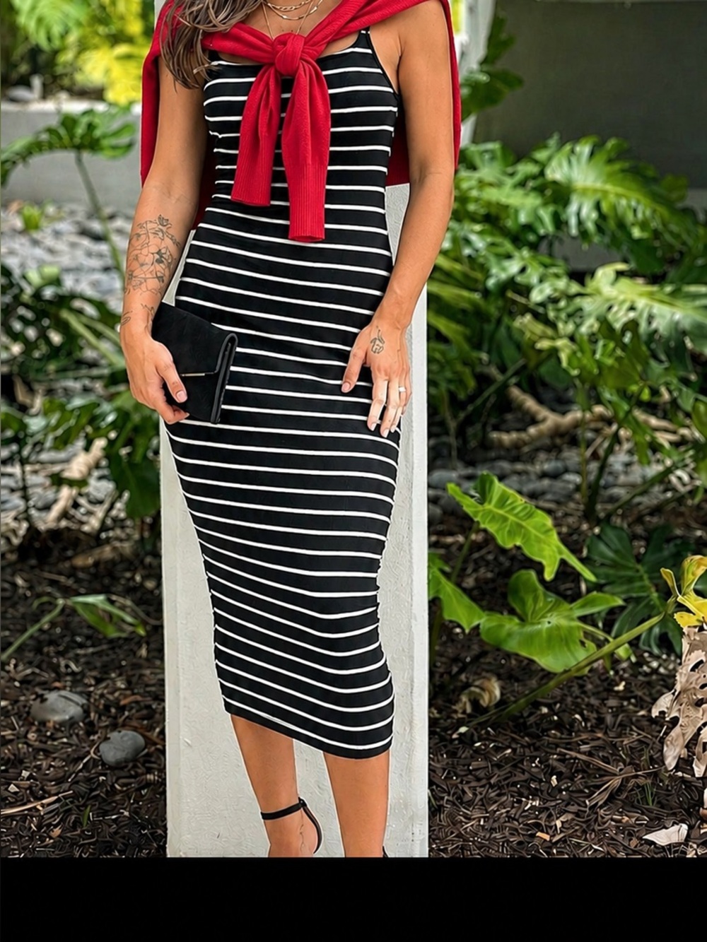 Heart & Hips Striped Tank Dress Black White Midi Bodycon Large